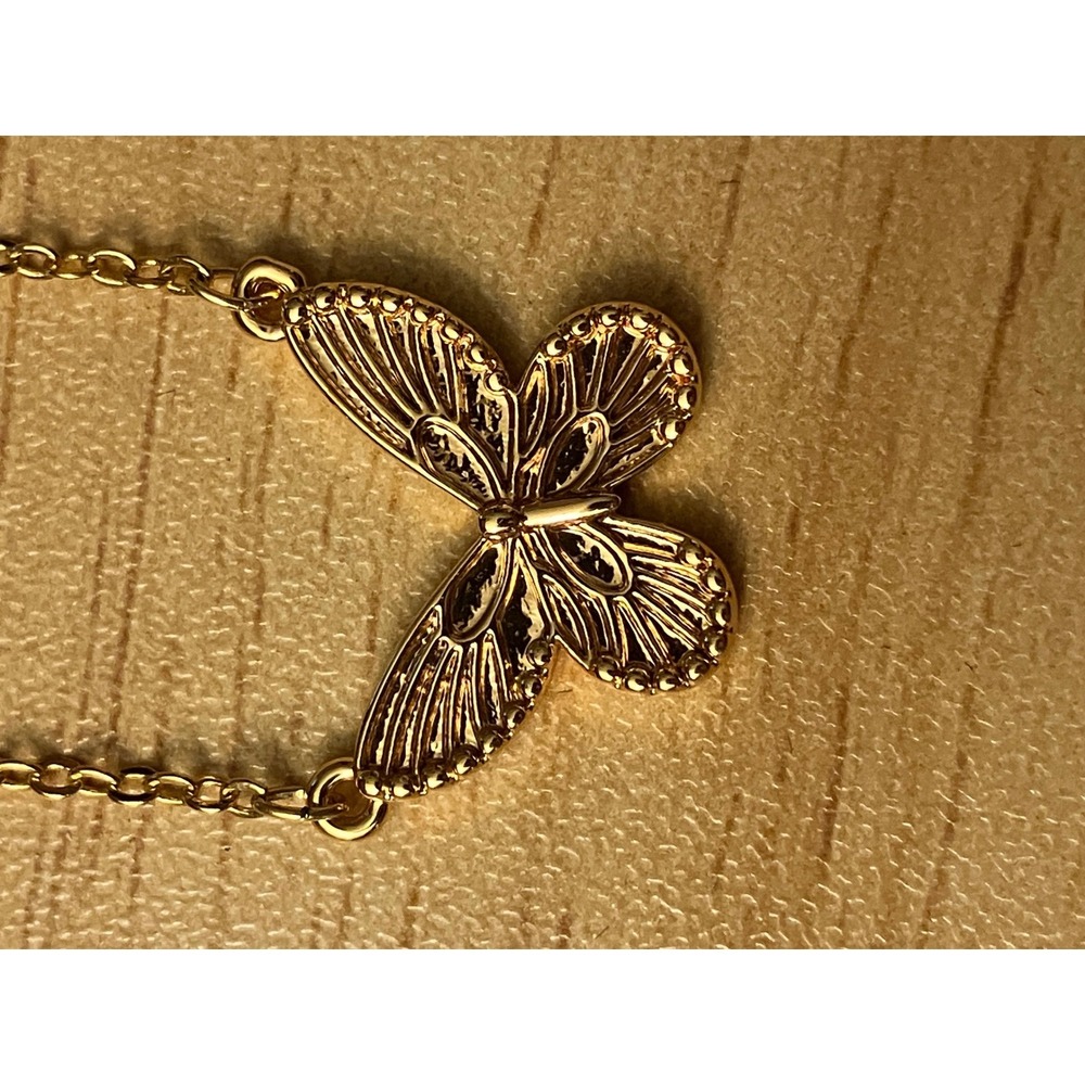Gold Tone Butterfly Pendant Necklace Dainty Textured Wings Adjustable Chain